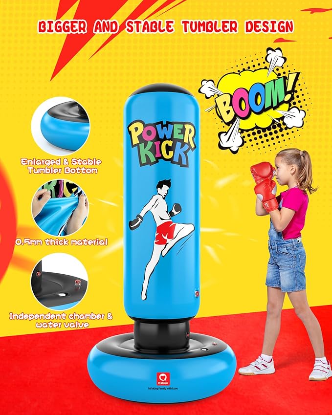 QPAU Kids Punching Bag Toy with Boxing Gloves, 66 Inch Larger Stable Kids Inflatable Boxing Bag Set, Gifts for Boys & Girls Age 6-12, for Practicing Karate, Taekwondo, MMA