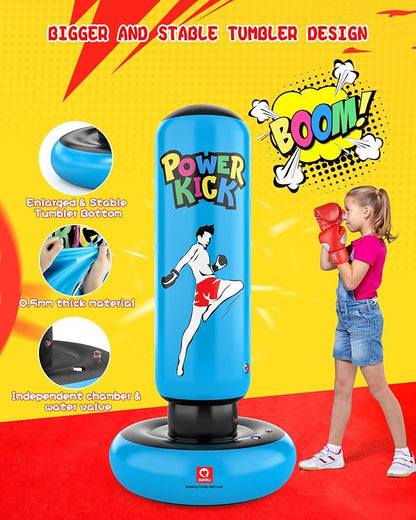 QPAU Kids Punching Bag Toy with Boxing Gloves, 66 Inch Larger Stable Kids Inflatable Boxing Bag Set, Gifts for Boys & Girls Age 6-12, for Practicing Karate, Taekwondo, MMA
