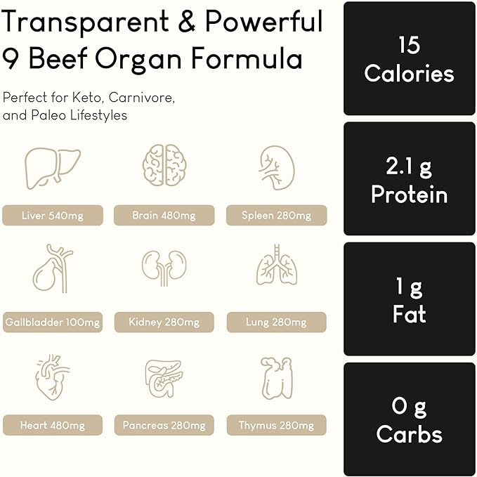 Grass Fed Beef Organs, Beef Organ Capsules, Beef Organ Supplement, Organ Supplement Grass Fed, Organ Meat Capsules, Grass Fed Organ Complex - 9 Organs - Beef Liver, Brain, Thymus, Lung, Gallbladder