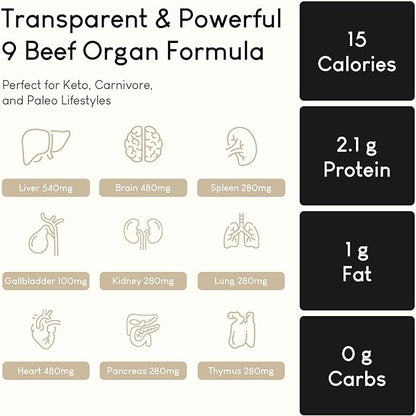 Grass Fed Beef Organs, Beef Organ Capsules, Beef Organ Supplement, Organ Supplement Grass Fed, Organ Meat Capsules, Grass Fed Organ Complex - 9 Organs - Beef Liver, Brain, Thymus, Lung, Gallbladder