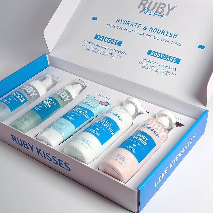 Ruby Kisses Complete Hydration Skincare Set, Face & Body Essentials, Includes Daily Foaming Cleanser, Balancing Mist Toner, Daily Body Lotion, Gentle Body Scrub, Korean Skincare