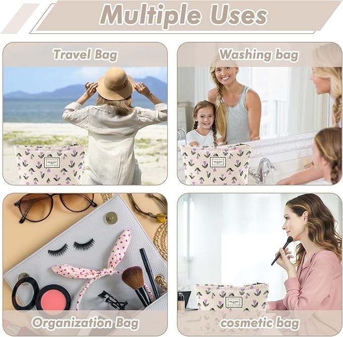 Flower Makeup Bag Travel Large Cosmetic Bag for Women Cute Makeup Pouch Zipper Cosmetic Pouch for Purse Corduroy Aesthetic Purple Floral Skincare Organizer Bag Portable Toiletry Bag