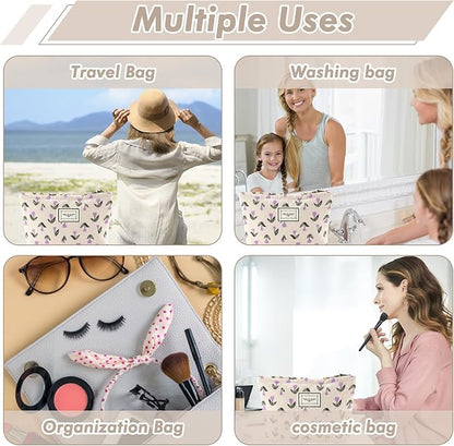 Flower Makeup Bag Travel Large Cosmetic Bag for Women Cute Makeup Pouch Zipper Cosmetic Pouch for Purse Corduroy Aesthetic Purple Floral Skincare Organizer Bag Portable Toiletry Bag
