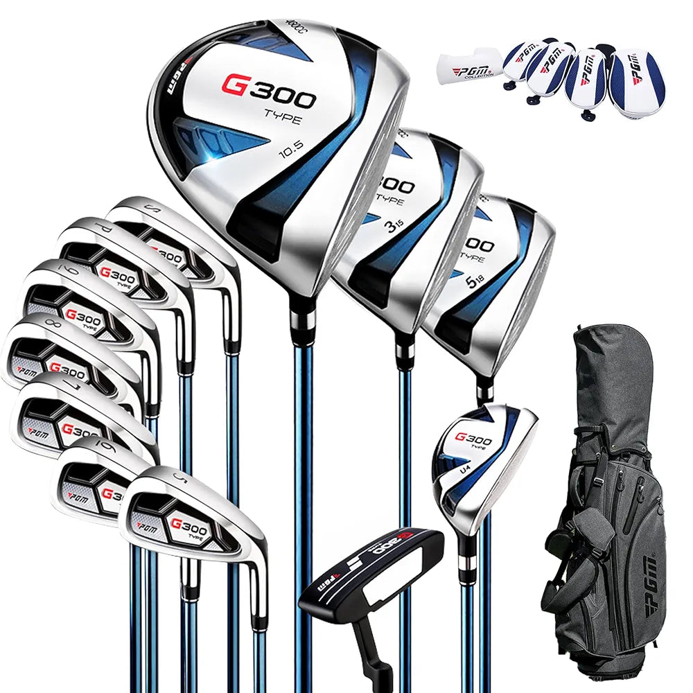 PGM Men's G300 Type 9/12 Pieces Complete Golf Club Set - Titanium #1 Driver, Draw-Biased Hybrid, High-Strength Stainless Steel Iron Set, High Forgiveness Putter, with Stand Bag
