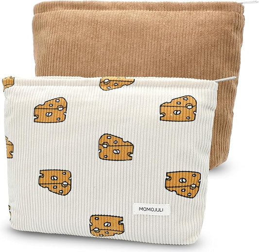 Corduroy Makeup Bag Cosmestic Bag Large Capacity Ladies Women Aesthetic Make Up Organizer Accessories Zipper Pouch Purse （Khaki+Beige Cheese）