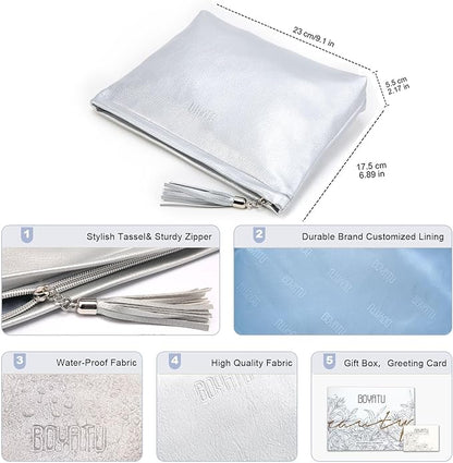 BOYATU Makeup Pouch Small Cosmetic Bag: Cute Pouches for Purse with Tassel - Letter Makeup Bags - Valentine's Day Gifts for Teen Girl (07-Leather Silver)