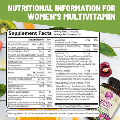 Womens Daily Multivitamin Multimineral Supplement for Energy, Mood, Focus, Hair, Skin & Nails. Made for Women with 30+ Nutrients, Fruit & Energy Blend. Womens Vitamins 60 Capsules