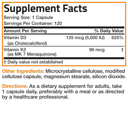 Bronson Vitamin K2 (MK7) with D3 Supplement Non-GMO Formula 5000 IU Vitamin D3 & 90 mcg K2 MK-7 Easy to Swallow D & K Complex, 120 Capsules