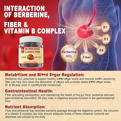 Berberine Supplement 1500mg with Soluble Fiber, B1, B3 & B6, Sugar Free Berberine HCL Gummies, High Bioavailability AMPK Activitor for Metabolism Balanced, Daily Digestive & Body Management, 60 Cts
