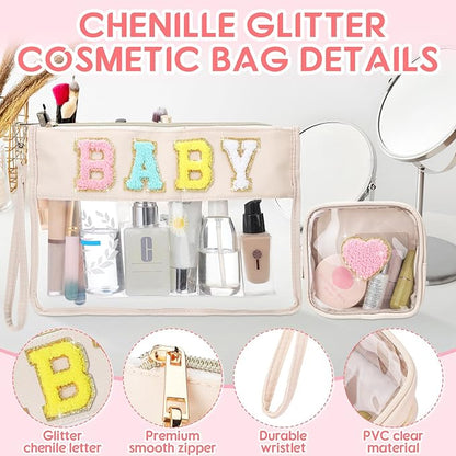 Hillban 2 Pcs Baby Bag Set Chenille Letter Bags Preppy Patch Makeup Pouch Baby Travel Pouch Waterproof Portable Toiletry Storage for Women Mom