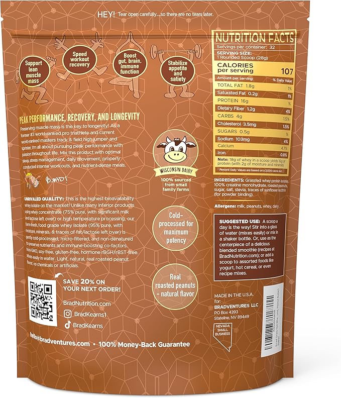 B.rad Grass-Fed Whey Protein Isolate Powder with Creatine | All-Natural, Ultra-Pure, Clean Ingredients | 100% USA-Sourced Superfuel | 2 Pounds | Peanut Butter