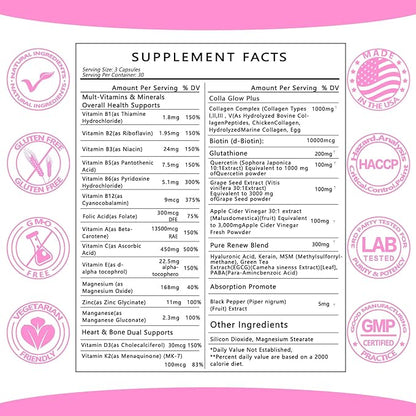 Collagen1000mg Type I, II, III, V, X Multi- Organic Quercetin Grape Seed, Apple Cider Vinegar Botanical Supplement with Biotin Glutathione Multi-Vitamins and Minerals Vitamin 29in1 Made in USA