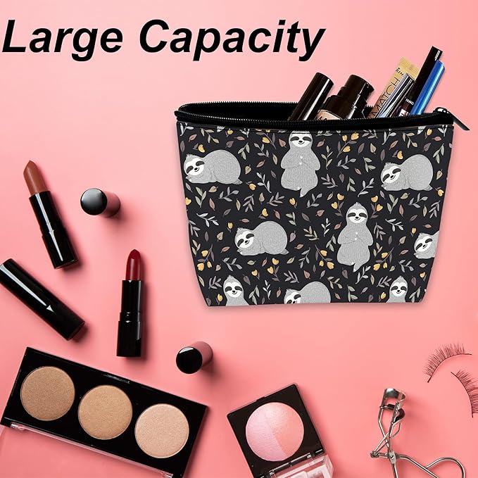 Makeup Bag for Purse, Waterproof Funny Cute Baby Sloths Leaves Cosmetic Bag for Women, Zipper Travel Toiletry Gift 9.5×5.9 Inch