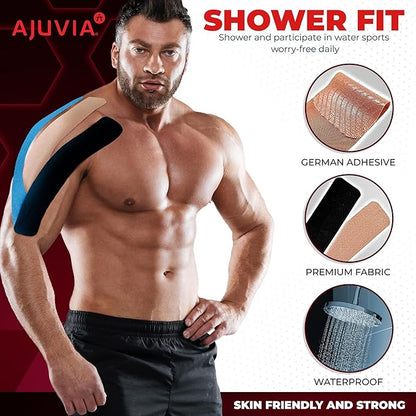AJUVIA Synthetic Kinesiology Tape, 2 Uncut Rolls, 10% Bonus Pack, Lasts up to 14 Days, Hypoallergenic and Waterproof K Tape for Muscle Pain Relief and Joint Support