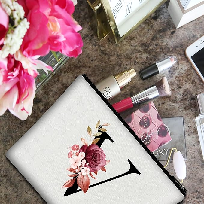 Vavabox A-Z Personalized Makeup Bag, Birthday Gifts for Women Mom, Gifts for Best Friend, Bride Bridesmaid Cosmetic bag (V, White)