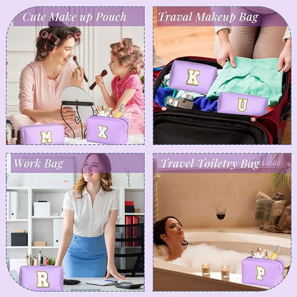 TOPEAST Initial Cosmetic Bag, 2 PCS Makeup Pouch Makeup Organizer Bag PU Leather Chenille Letters Waterproof Travel Toiletry Bag Personalized Birthday Gifts for Mom Grandma, Purple A