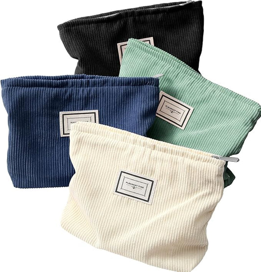 Sanwuta 4 Pack Velvet Makeup Bag Cosmetic Bag for Women Large Capacity Corduroy Pouch Zipper Canvas Travel Toiletry Purse Make up Organizer Case Accessories(Vintage Color,Plaid)