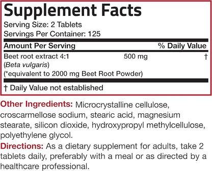 Bronson Beet Root Extra Strength (Equivalent to 2000mg Beet Root per Serving from 500mg 4:1 Extract), Non-GMO, 250 Vegetarian Tablets