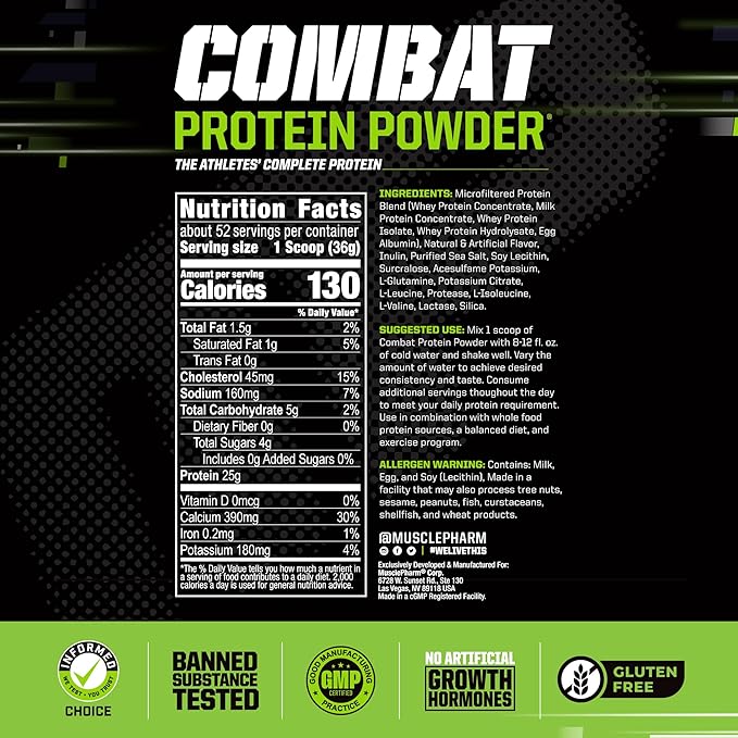Muscle Pharm Combat Protein Powder, Horchata Flavor, Fuels Muscles for Productive Workouts, 5 Protein Sources Including Whey Protein Isolate & Egg Albumin, Gluten Free, 4 lb, 52 Servings