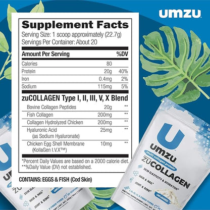 UMZU ZuCollagen Hydrolyzed Protein Powder | 5 Collagen Peptide Types for Healthy Hair, Skin, Nails, Joints & Gut | Low Calorie, High Protein (20g Protein per Serving | Unflavored)
