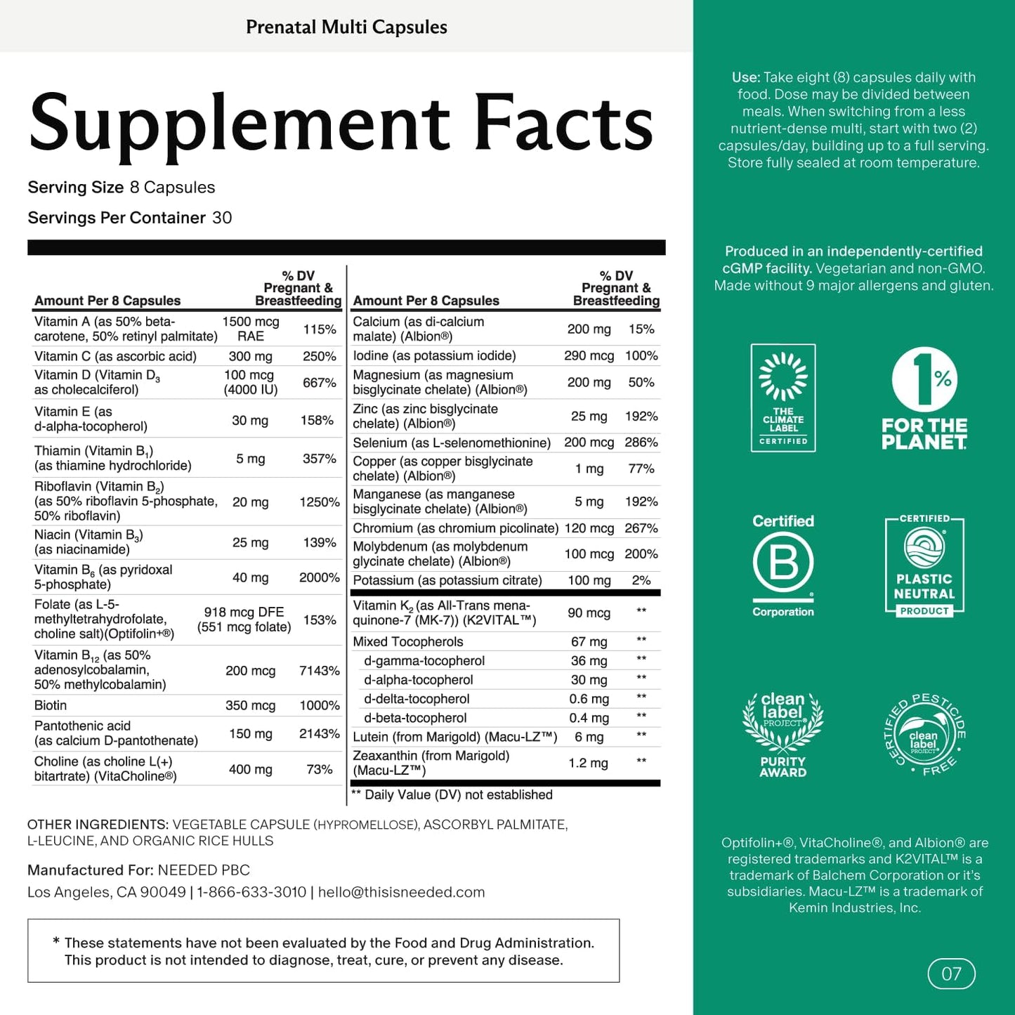Needed. Multivitamin with Choline Capsules for Prenatal, Pregnancy, Breastfeeding, Postpartum | Expertly-Formulated & Third-Party Tested| 30-Day Supply