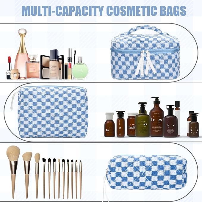 Quilted Makeup Bag Set, 3Pcs Large Checkered Corduroy Cosmetic Bags, Cute Coquette Makeup Bag Toiletry Zipper Pouch Bag for Women and Girls Checkered