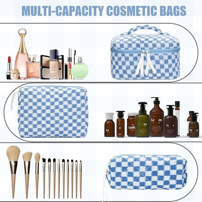 Quilted Makeup Bag Set, 3Pcs Large Checkered Corduroy Cosmetic Bags, Cute Coquette Makeup Bag Toiletry Zipper Pouch Bag for Women and Girls Checkered