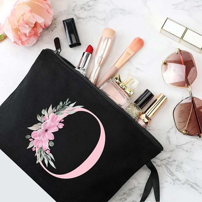 Vavabox A-Z Personalized Makeup Bag, Birthday Gifts for Women Mom, Gifts for Best Friend, Bride Bridesmaid Cosmetic bag (O, Black)