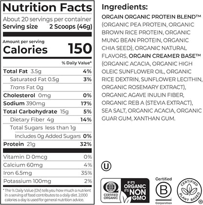 Orgain Organic Vegan Protein Powder, Vanilla Bean - 21g Plant Protein, 6g Prebiotic Fiber, No Lactose Ingredients, No Added Sugar, Non-GMO, For Shakes & Smoothies, 2.03 lb (Packaging May Vary)
