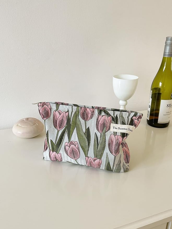 The Summer Swan | Large Aesthetic Makeup Bag Floral Mid-day Clutch Period Kit Hygiene Skincare Cute (Burgundy Tulip)
