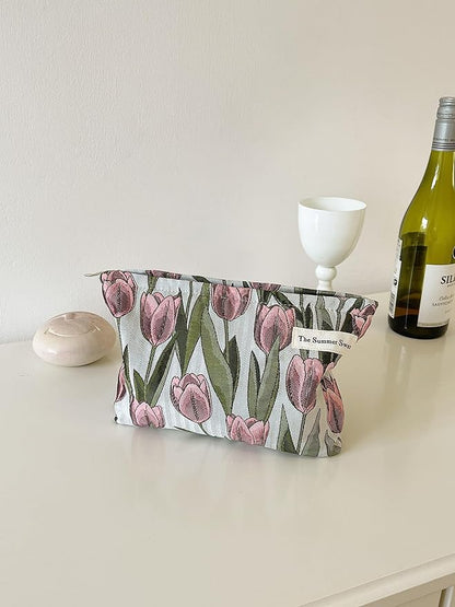The Summer Swan | Large Aesthetic Makeup Bag Floral Mid-day Clutch Period Kit Hygiene Skincare Cute (Burgundy Tulip)