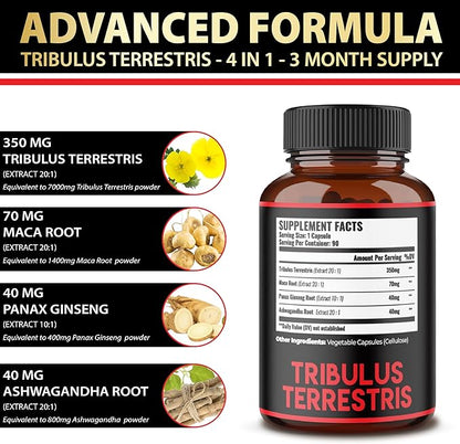 Zolotus Premium Tribulus Terrestris Capsules - Combined with Ashwagandha, Panax Ginseng & Maca - Boost Energy, Mood, Stamina & Immune - 90 Counts for 3 Months