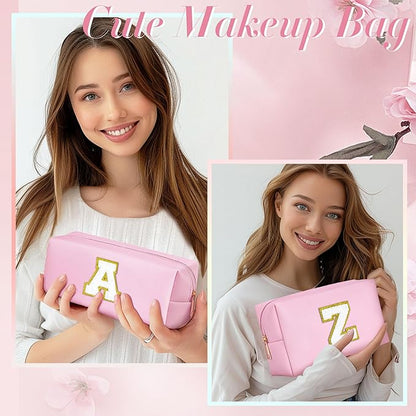 TOPEAST Makeup Bags for Women 2 Pack Personalized Initial Letter Makeup Bag Set, Monogram Cute Makeup Bag PU Leather Waterproof Travel Toiletry Bag Personalized Birthday Gifts For Women, Pink S