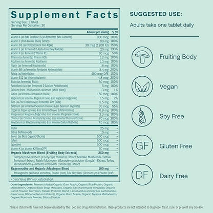 True Grace One Daily Men’s Multivitamin Fermented Minerals, Organic Adaptogens & Mushrooms Whole Body Balance Immune, Endurance, Bone & Heart Support - Non-GMO, Gluten Free - 30 Vegan Tablets