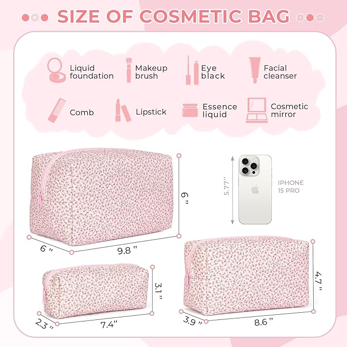 Quilted Makeup Bag Set,Large Floral Cosmetic Pouch For Women,Cute Cotton Brushes Storage Travel Toiletry Organizer Bags(Pink Floral)