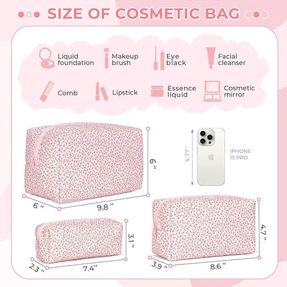 Quilted Makeup Bag Set,Large Floral Cosmetic Pouch For Women,Cute Cotton Brushes Storage Travel Toiletry Organizer Bags(Pink Floral)