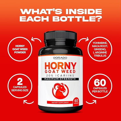 Horny Goat Weed For Men and Women - [20% Icariins Max Strength] - Stamina, Endurance, Circulation, Joint & Back Support - Maca Root, Ginseng, Yohimbine, Tribulus, L-Arginine - USA Made - 60 Count