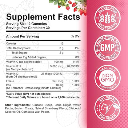 Vitamin B12 Gummies - 5000 mcg Methylcobalamin with Iron, Vitamin C, D3 & Folate, Energy Support and Metabolism, Immune, B-12 Complex Chewable Supplement for Men & Women,Strawberry Flavor