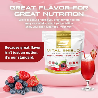 Granite Supplements Vital Shield - (30 Servings) Greens Superfood Powder - Fruit & Vegetable Super Foods Powder for Performance, Gut Health, Immunity & Nutrition, Very Berry Greens