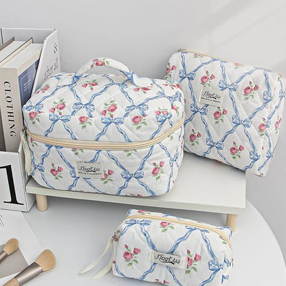 kingkiss Makeup Bag, Quilted Cosmetic Bag, Large Capacity Make Up Bag for Women, Cute Floral Storage Toiletry Bag Travel Storage Makeup Bag(Blue)