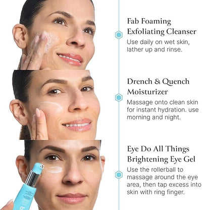 Bliss Skincare Essentials Skincare Kit - Eye Do All Things Hydrating Eye Gel, Drench & Quench Hyaluronic Acid Face Moisturizer & 2-in-1 Foaming Facial Cleanser and Exfoliator
