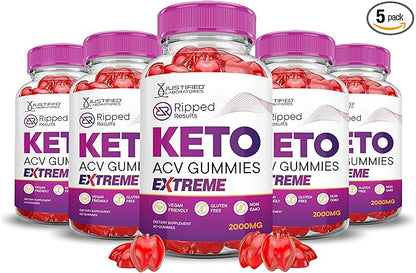 (5 Pack) Ripped Results Keto ACV Gummies Extreme 2000MG Ripped Results Keto Gummies Apple Cider Vinegar Formulated with Pomegranate Beet Juice Powder B12 Vegan Non GMO 300 Gummys