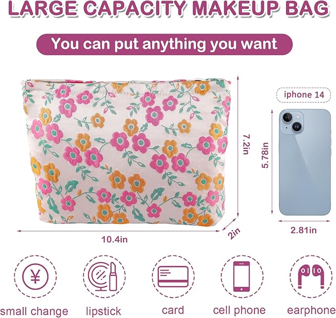 Daisy Flower Makeup Bag Travel Large Floral Cosmetic Bag for Women Cute Makeup Pouch Zipper Aesthetic Portable Toiletry Bags Skincare Organizer Bag Cosmetic Pouch for Purse(Orange and Pink)