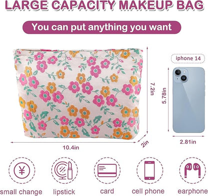 Daisy Flower Makeup Bag Travel Large Floral Cosmetic Bag for Women Cute Makeup Pouch Zipper Aesthetic Portable Toiletry Bags Skincare Organizer Bag Cosmetic Pouch for Purse(Orange and Pink)