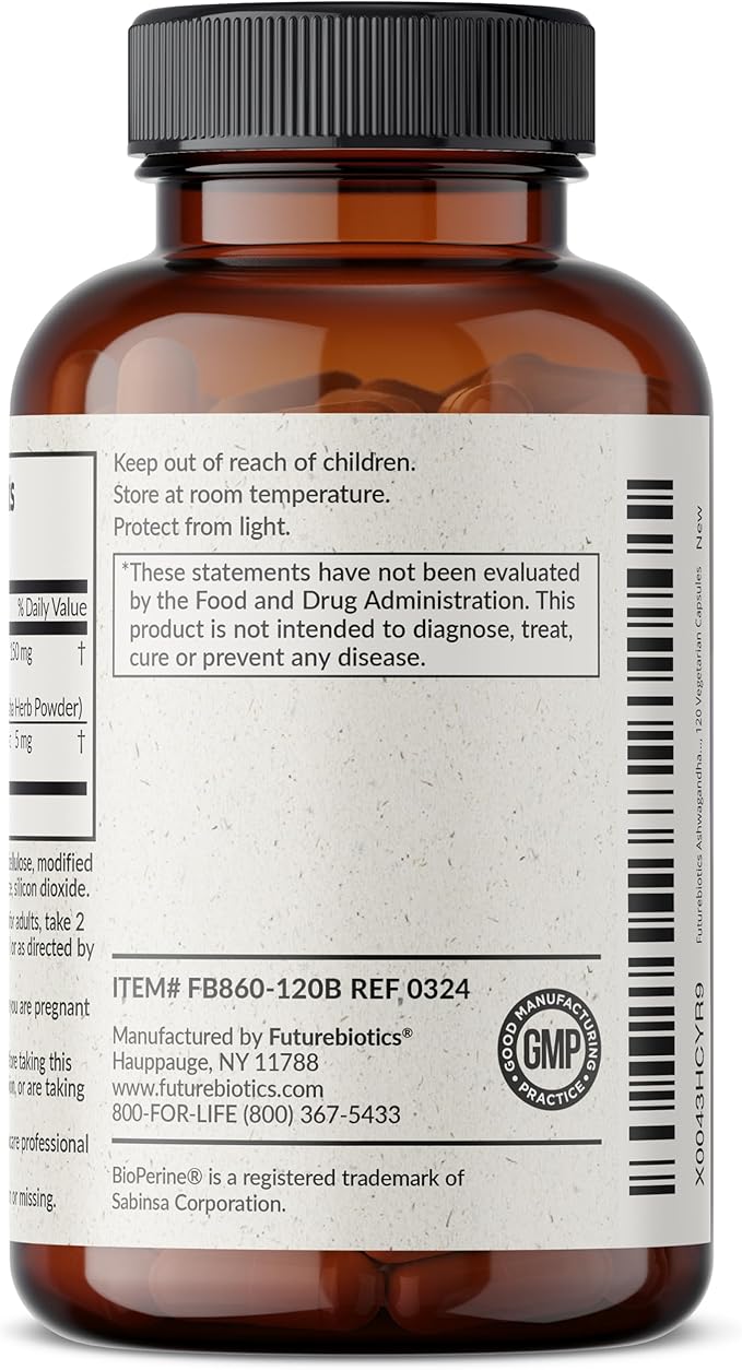 Futurebiotics Ashwagandha Extra Strength Stress & Mood Support with BioPerine - Non GMO Formula, 120 Vegetarian Capsules