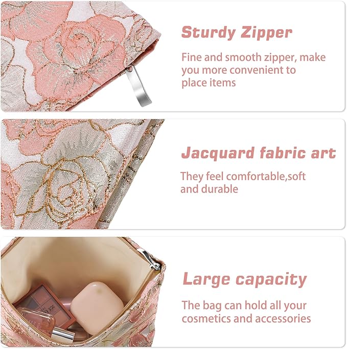 Rose Flower Makeup Bag Travel Large Cosmetic Bag for Women Cute Makeup Pouch Zipper Cosmetic Pouch for Purse Jacquard Aesthetic Pink Floral Make up Organizer Bag Portable Toiletry Bag