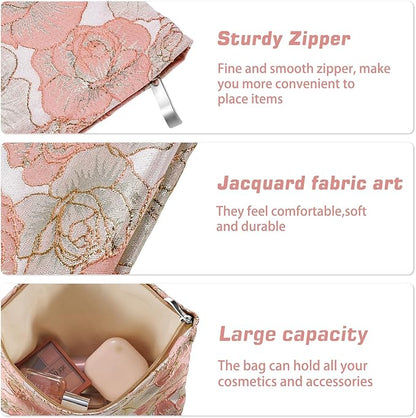 Rose Flower Makeup Bag Travel Large Cosmetic Bag for Women Cute Makeup Pouch Zipper Cosmetic Pouch for Purse Jacquard Aesthetic Pink Floral Make up Organizer Bag Portable Toiletry Bag