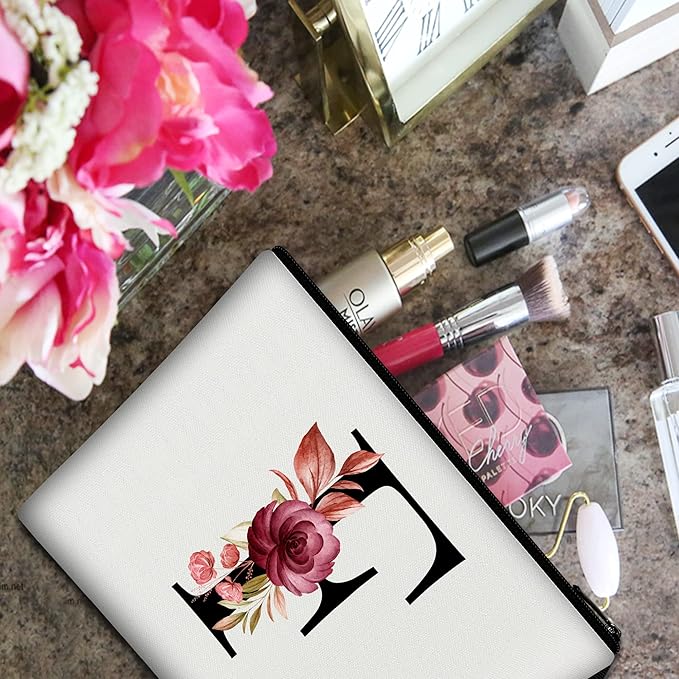 Vavabox A-Z Personalized Makeup Bag, Birthday Gifts for Women Mom, Gifts for Best Friend, Bride Bridesmaid Cosmetic bag (F, White)