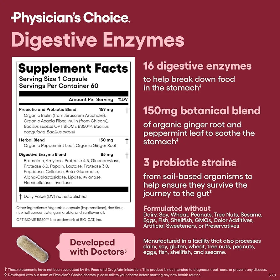 Physician's CHOICE Digestive Enzymes - Multi Enzymes, Organic Prebiotics & Probiotics for Digestive Health & Gut Health - Meal Time Discomfort Relief & Bloating - Dual Action Approach - 60 CT