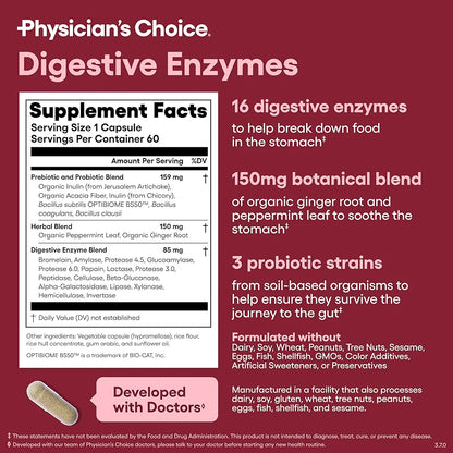 Physician's CHOICE Digestive Enzymes - Multi Enzymes, Organic Prebiotics & Probiotics for Digestive Health & Gut Health - Meal Time Discomfort Relief & Bloating - Dual Action Approach - 60 CT